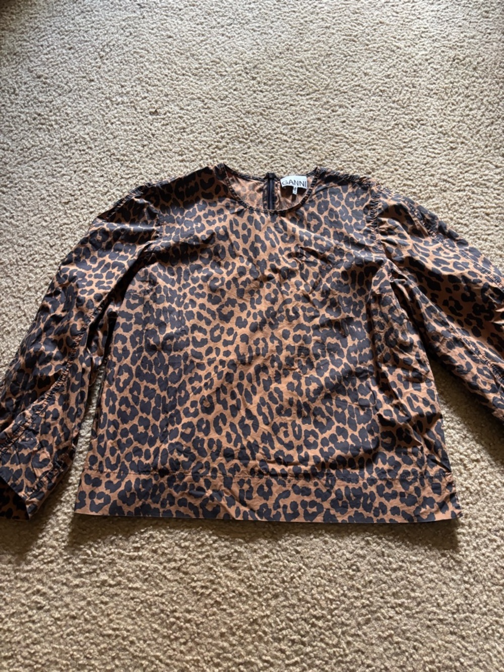 Ganni Leopard Brown Allover Animal Print Cotton Blouse Shirt Size 42